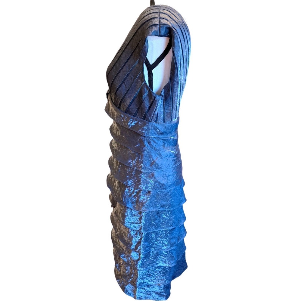 Adrianna Papell Shutter Pleat Tiered Dress Size 12 Metallic Slate Blue Cocktail - Picture 7 of 11